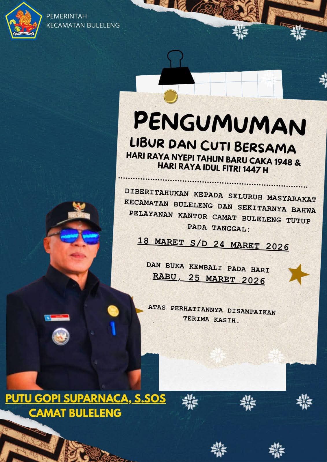 PENGUMUMAN LIBUR DAN CUTI BERSAMA HARI RAYA NYEPI TAHUN BARU CAKA 1948 DAN HARI RAYA IDUL FITRI 1447 H