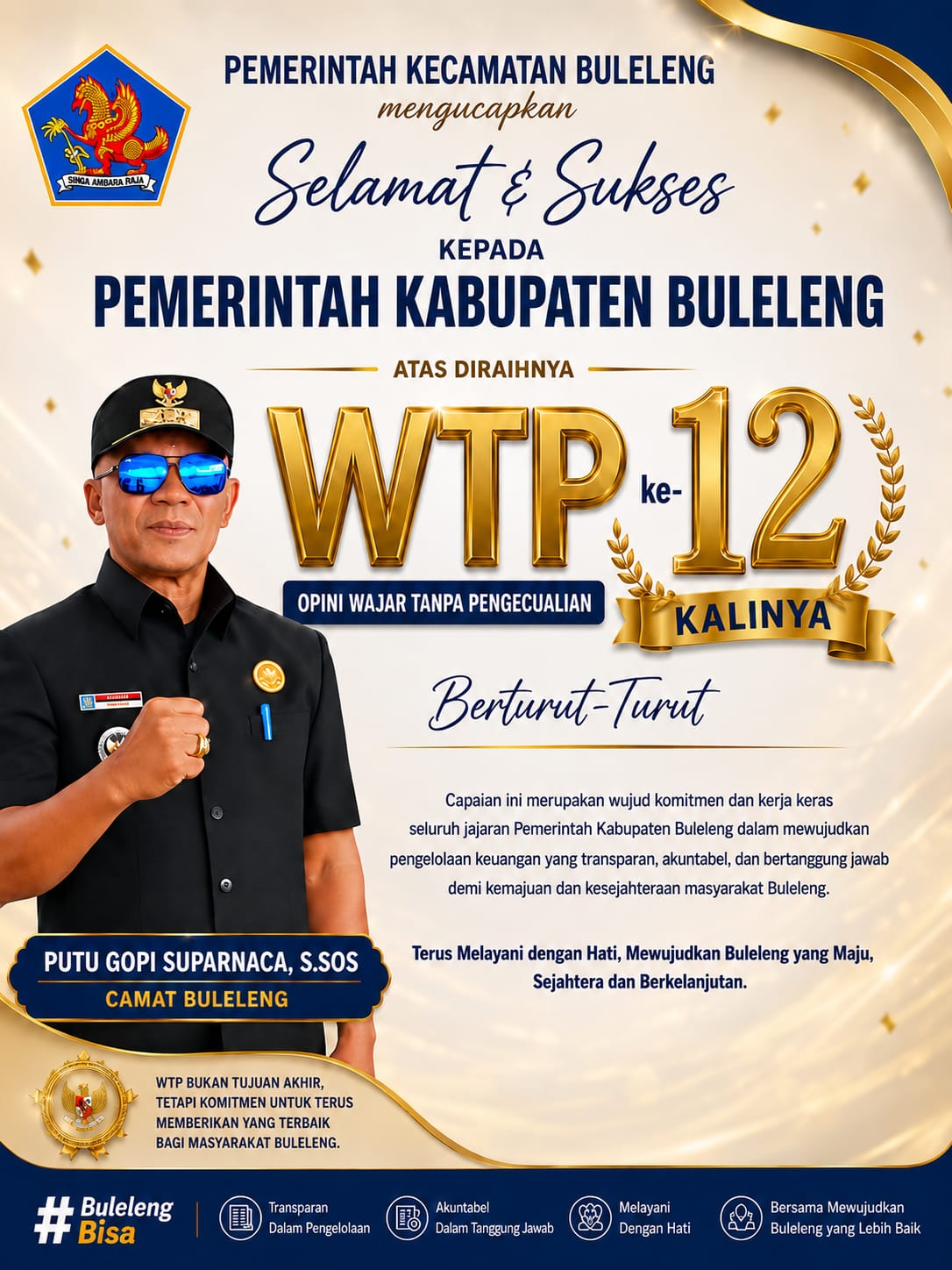 Pemerintah Kecamatan Buleleng mengucapkan Selamat dan Sukses kepada Pemerintah Kabupaten Buleleng atas diraihnya WTP ke-12 kalinya berturut-turut. 