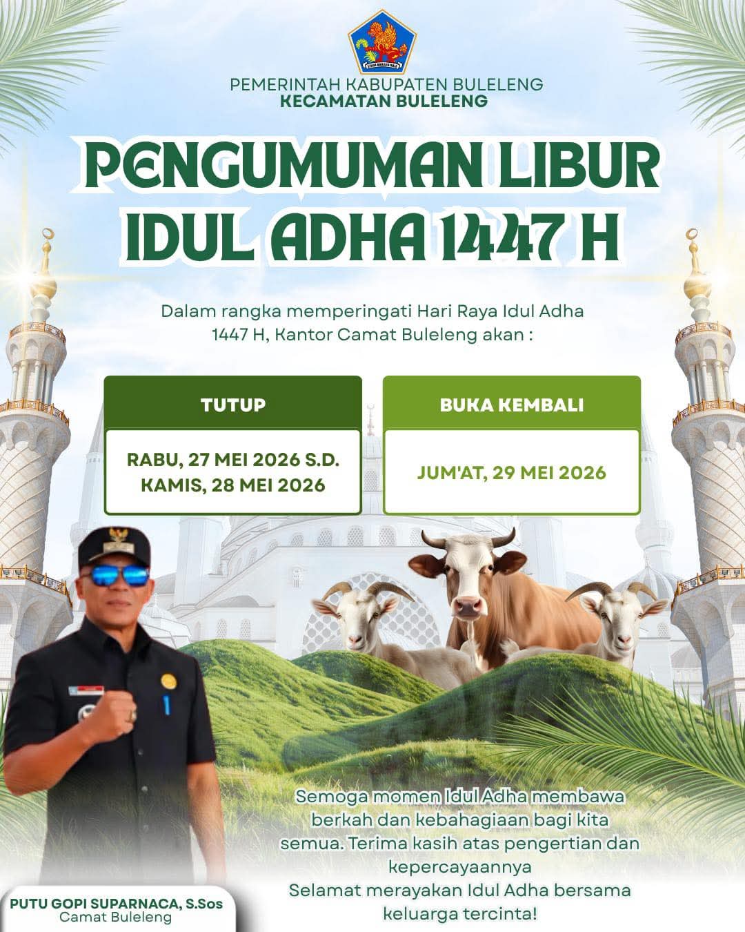 Pengumuman hari libur Kantor Camat Buleleng dalam rangka Hari Raya Idul Adha 1447 H