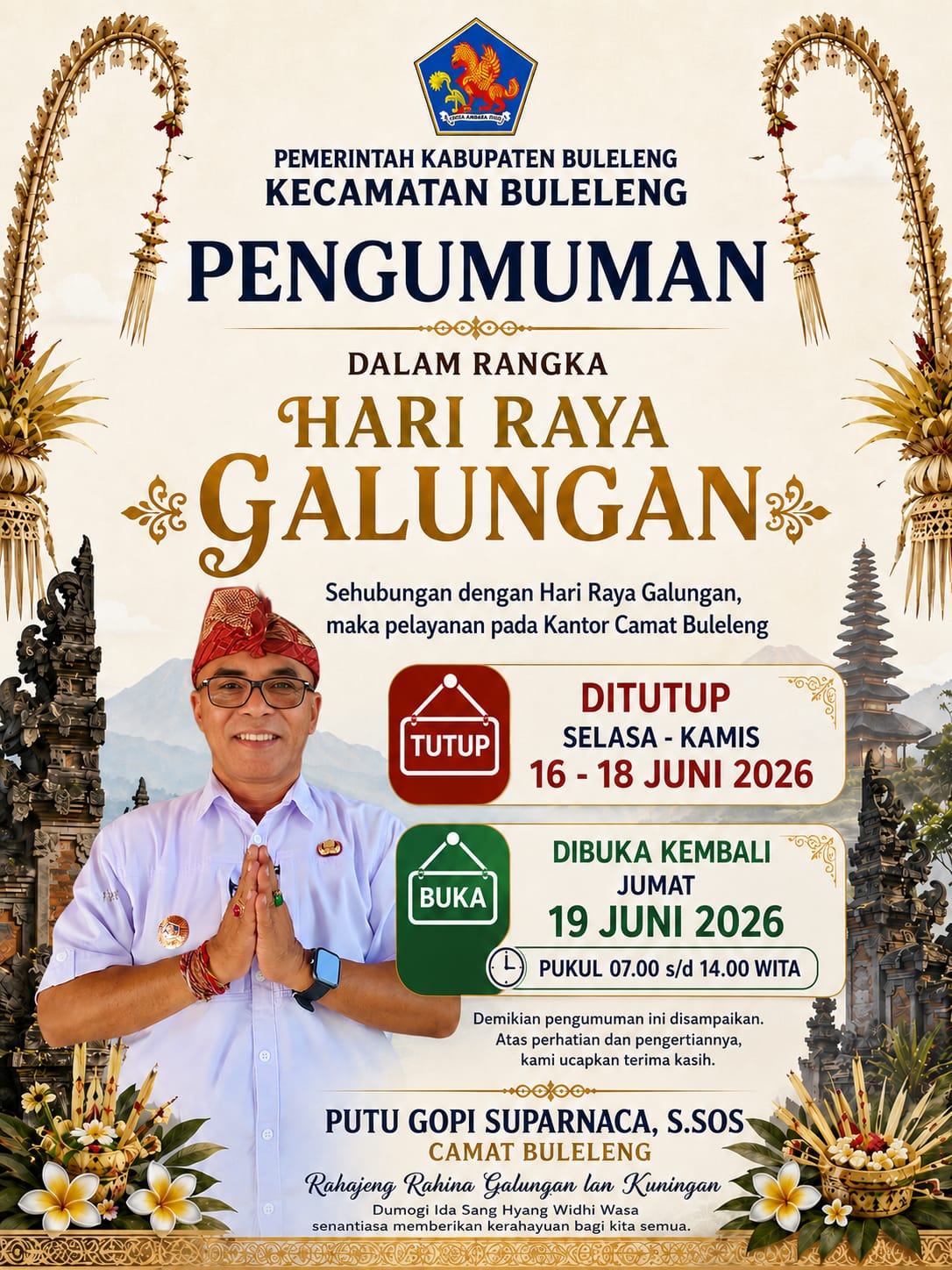 Pengumuman Hari Libur Sehubungan Hari Suci Galungan