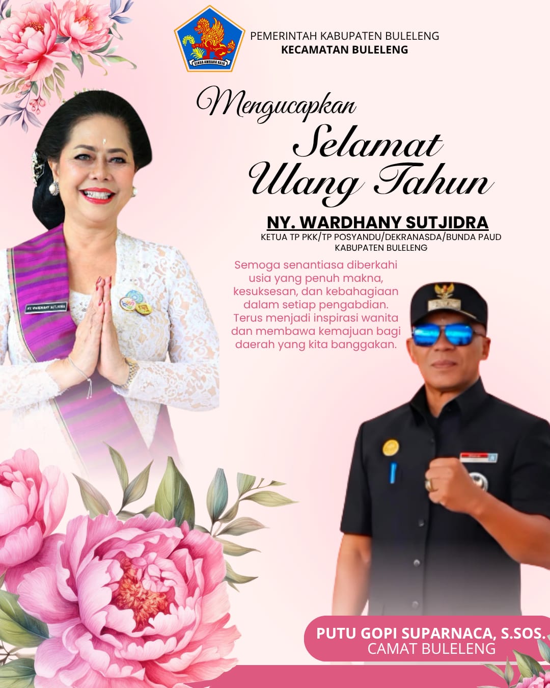 Selamat ulang tahun ke-68 kepada Ibu Ny. Wardhany Sutjidra, Ketua TP PKK Kabupaten Buleleng. 
